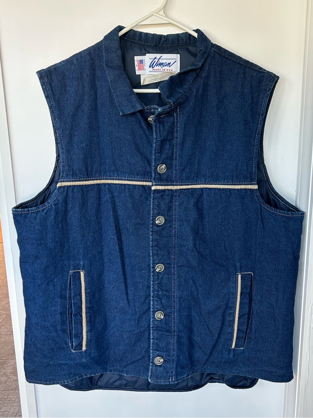 VTG Wiman Denim Quilted Vest Large Made In USA Corduroy Accent Piping Workwear